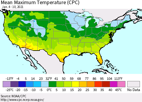 United States Maximum Temperature (CPC) Thematic Map For 1/4/2021 - 1/10/2021