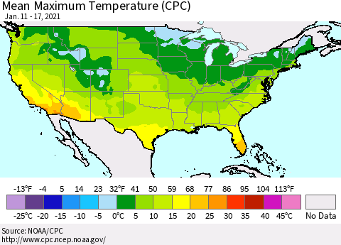 United States Mean Maximum Temperature (CPC) Thematic Map For 1/11/2021 - 1/17/2021