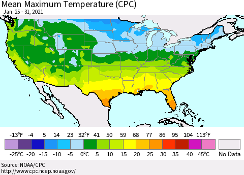 United States Maximum Temperature (CPC) Thematic Map For 1/25/2021 - 1/31/2021