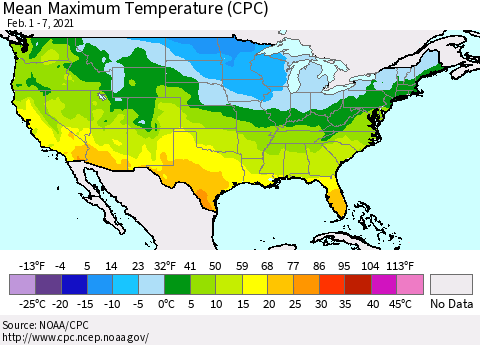 United States Maximum Temperature (CPC) Thematic Map For 2/1/2021 - 2/7/2021