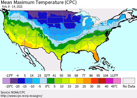 United States Maximum Temperature (CPC) Thematic Map For 2/8/2021 - 2/14/2021