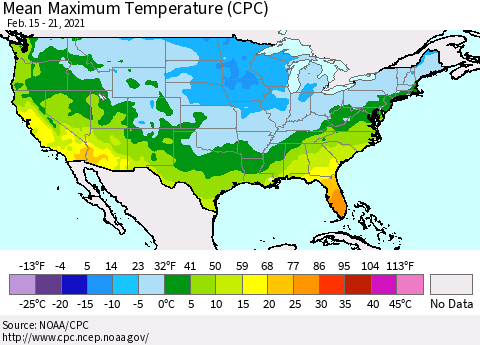 United States Maximum Temperature (CPC) Thematic Map For 2/15/2021 - 2/21/2021