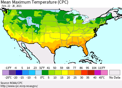 United States Maximum Temperature (CPC) Thematic Map For 2/22/2021 - 2/28/2021