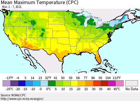 United States Maximum Temperature (CPC) Thematic Map For 3/1/2021 - 3/7/2021