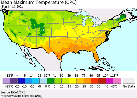 United States Maximum Temperature (CPC) Thematic Map For 3/8/2021 - 3/14/2021