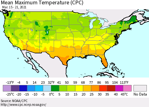 United States Maximum Temperature (CPC) Thematic Map For 3/15/2021 - 3/21/2021