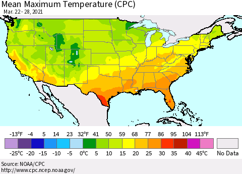 United States Maximum Temperature (CPC) Thematic Map For 3/22/2021 - 3/28/2021