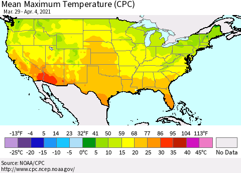 United States Maximum Temperature (CPC) Thematic Map For 3/29/2021 - 4/4/2021