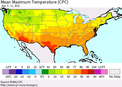 United States Maximum Temperature (CPC) Thematic Map For 4/5/2021 - 4/11/2021