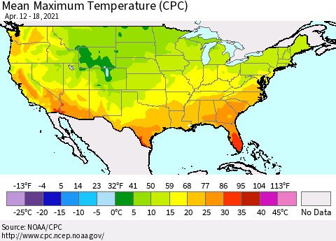 United States Maximum Temperature (CPC) Thematic Map For 4/12/2021 - 4/18/2021