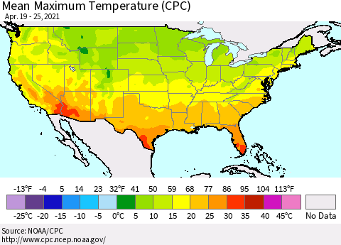 United States Maximum Temperature (CPC) Thematic Map For 4/19/2021 - 4/25/2021