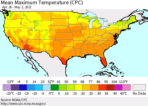 United States Maximum Temperature (CPC) Thematic Map For 4/26/2021 - 5/2/2021
