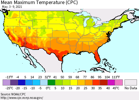 United States Maximum Temperature (CPC) Thematic Map For 5/3/2021 - 5/9/2021