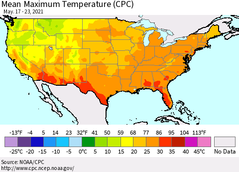 United States Maximum Temperature (CPC) Thematic Map For 5/17/2021 - 5/23/2021