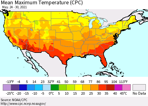 United States Maximum Temperature (CPC) Thematic Map For 5/24/2021 - 5/30/2021