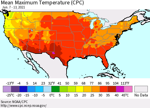 United States Maximum Temperature (CPC) Thematic Map For 6/7/2021 - 6/13/2021