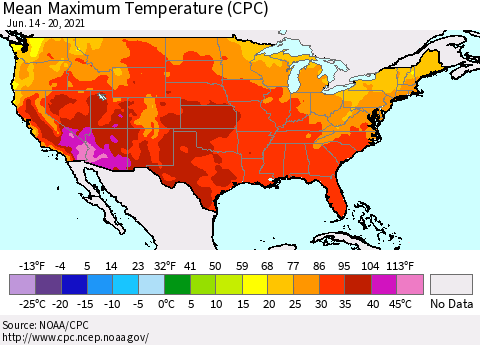 United States Maximum Temperature (CPC) Thematic Map For 6/14/2021 - 6/20/2021