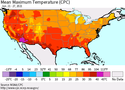 United States Maximum Temperature (CPC) Thematic Map For 6/21/2021 - 6/27/2021
