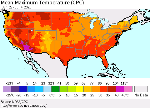 United States Maximum Temperature (CPC) Thematic Map For 6/28/2021 - 7/4/2021