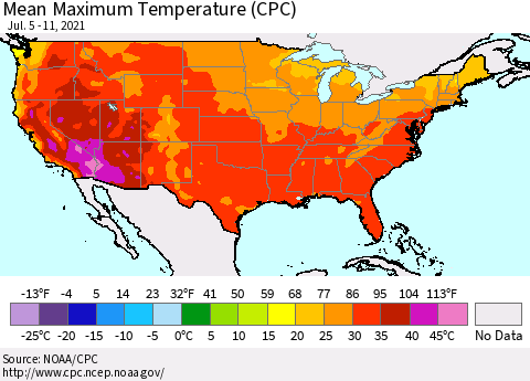 United States Maximum Temperature (CPC) Thematic Map For 7/5/2021 - 7/11/2021