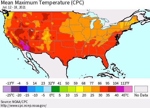 United States Mean Maximum Temperature (CPC) Thematic Map For 7/12/2021 - 7/18/2021