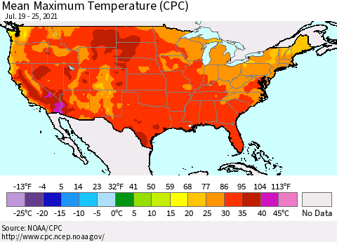United States Maximum Temperature (CPC) Thematic Map For 7/19/2021 - 7/25/2021