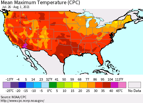 United States Maximum Temperature (CPC) Thematic Map For 7/26/2021 - 8/1/2021