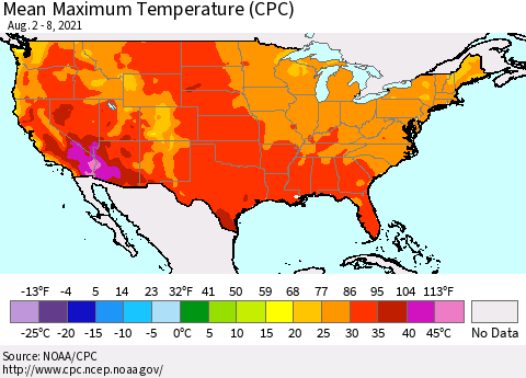 United States Maximum Temperature (CPC) Thematic Map For 8/2/2021 - 8/8/2021