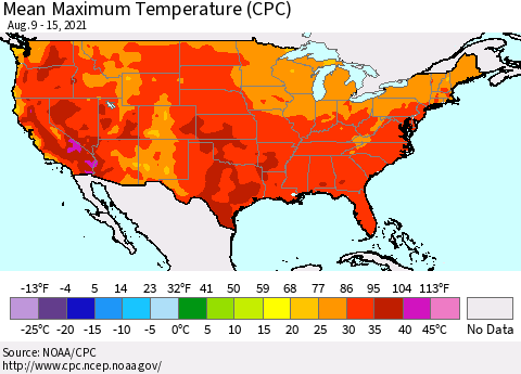 United States Mean Maximum Temperature (CPC) Thematic Map For 8/9/2021 - 8/15/2021