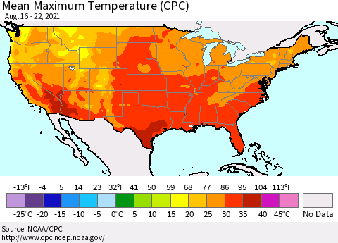 United States Maximum Temperature (CPC) Thematic Map For 8/16/2021 - 8/22/2021
