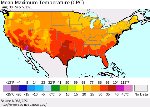 United States Maximum Temperature (CPC) Thematic Map For 8/30/2021 - 9/5/2021