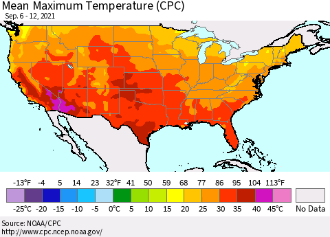 United States Maximum Temperature (CPC) Thematic Map For 9/6/2021 - 9/12/2021