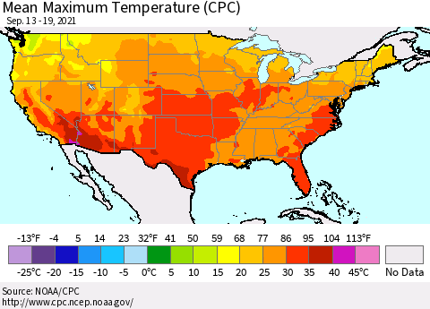 United States Maximum Temperature (CPC) Thematic Map For 9/13/2021 - 9/19/2021