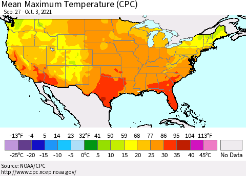 United States Mean Maximum Temperature (CPC) Thematic Map For 9/27/2021 - 10/3/2021