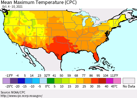 United States Maximum Temperature (CPC) Thematic Map For 10/4/2021 - 10/10/2021