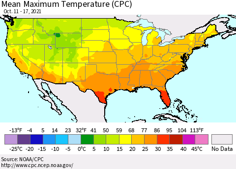 United States Maximum Temperature (CPC) Thematic Map For 10/11/2021 - 10/17/2021