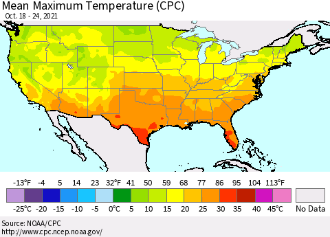 United States Maximum Temperature (CPC) Thematic Map For 10/18/2021 - 10/24/2021