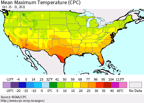United States Maximum Temperature (CPC) Thematic Map For 10/25/2021 - 10/31/2021