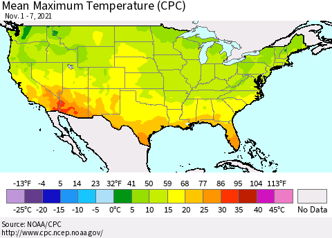 United States Maximum Temperature (CPC) Thematic Map For 11/1/2021 - 11/7/2021