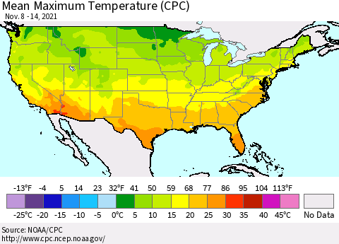 United States Maximum Temperature (CPC) Thematic Map For 11/8/2021 - 11/14/2021