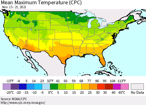 United States Mean Maximum Temperature (CPC) Thematic Map For 11/15/2021 - 11/21/2021