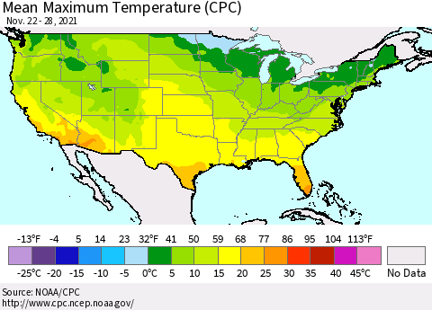 United States Maximum Temperature (CPC) Thematic Map For 11/22/2021 - 11/28/2021