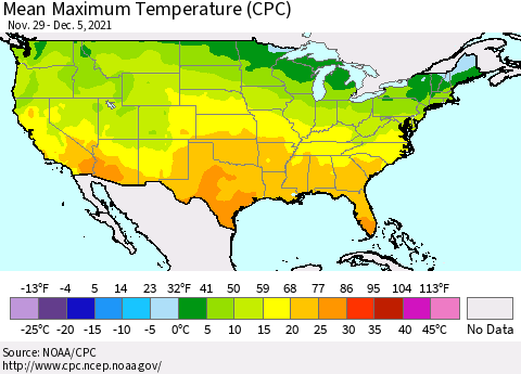 United States Maximum Temperature (CPC) Thematic Map For 11/29/2021 - 12/5/2021
