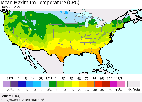 United States Mean Maximum Temperature (CPC) Thematic Map For 12/6/2021 - 12/12/2021