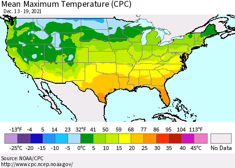 United States Mean Maximum Temperature (CPC) Thematic Map For 12/13/2021 - 12/19/2021