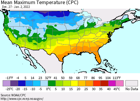 United States Maximum Temperature (CPC) Thematic Map For 12/27/2021 - 1/2/2022