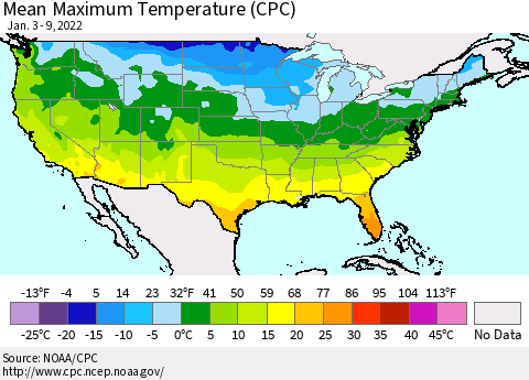 United States Maximum Temperature (CPC) Thematic Map For 1/3/2022 - 1/9/2022