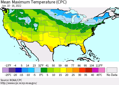 United States Mean Maximum Temperature (CPC) Thematic Map For 1/10/2022 - 1/16/2022