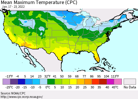 United States Maximum Temperature (CPC) Thematic Map For 1/17/2022 - 1/23/2022
