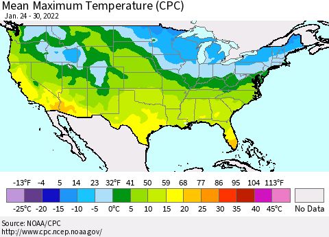 United States Mean Maximum Temperature (CPC) Thematic Map For 1/24/2022 - 1/30/2022